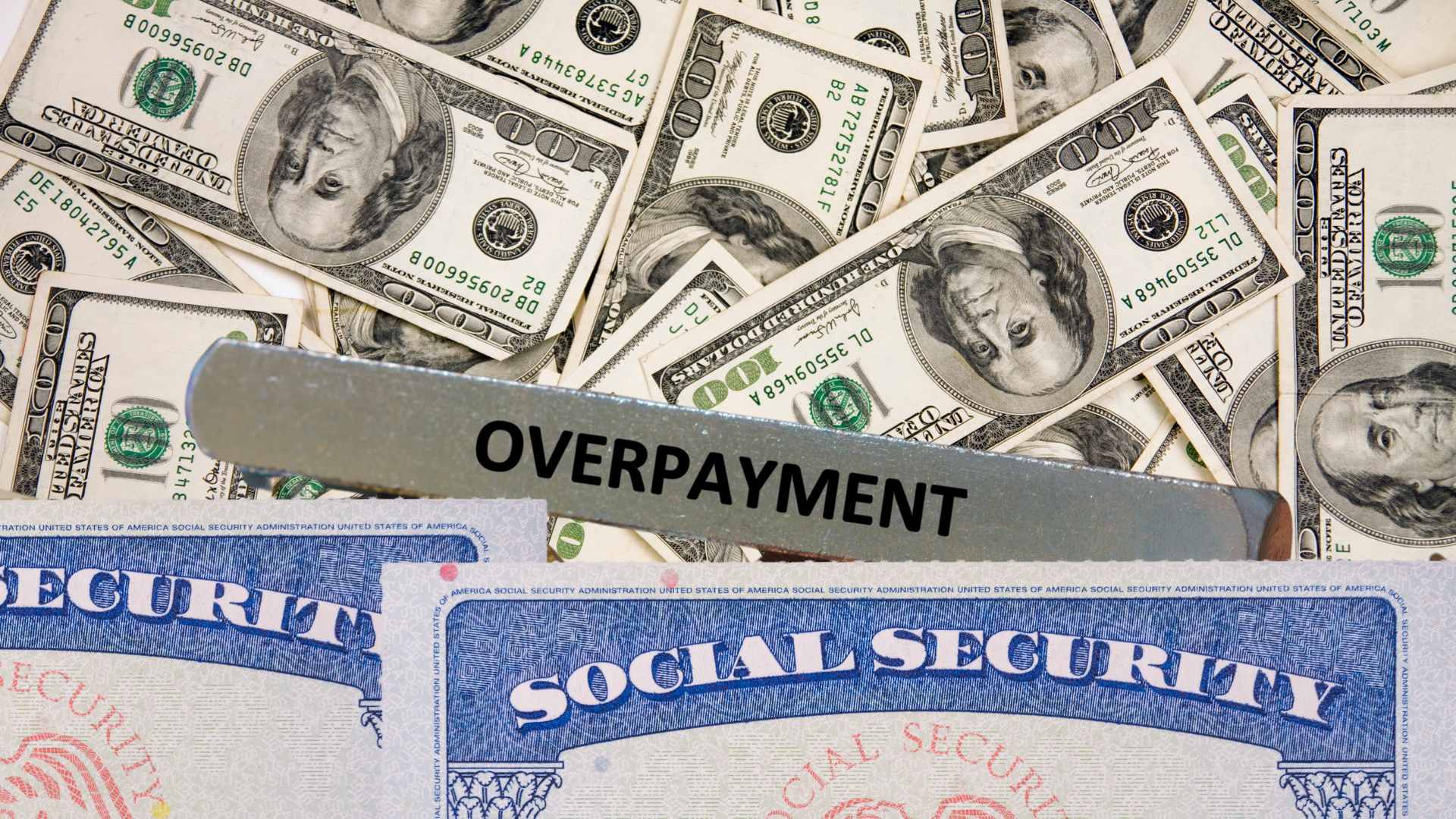 SSA cards, dollars and overpayment sign since millions of Americans have received overpayment notices regarding their SSDI, SSI or retirement checks