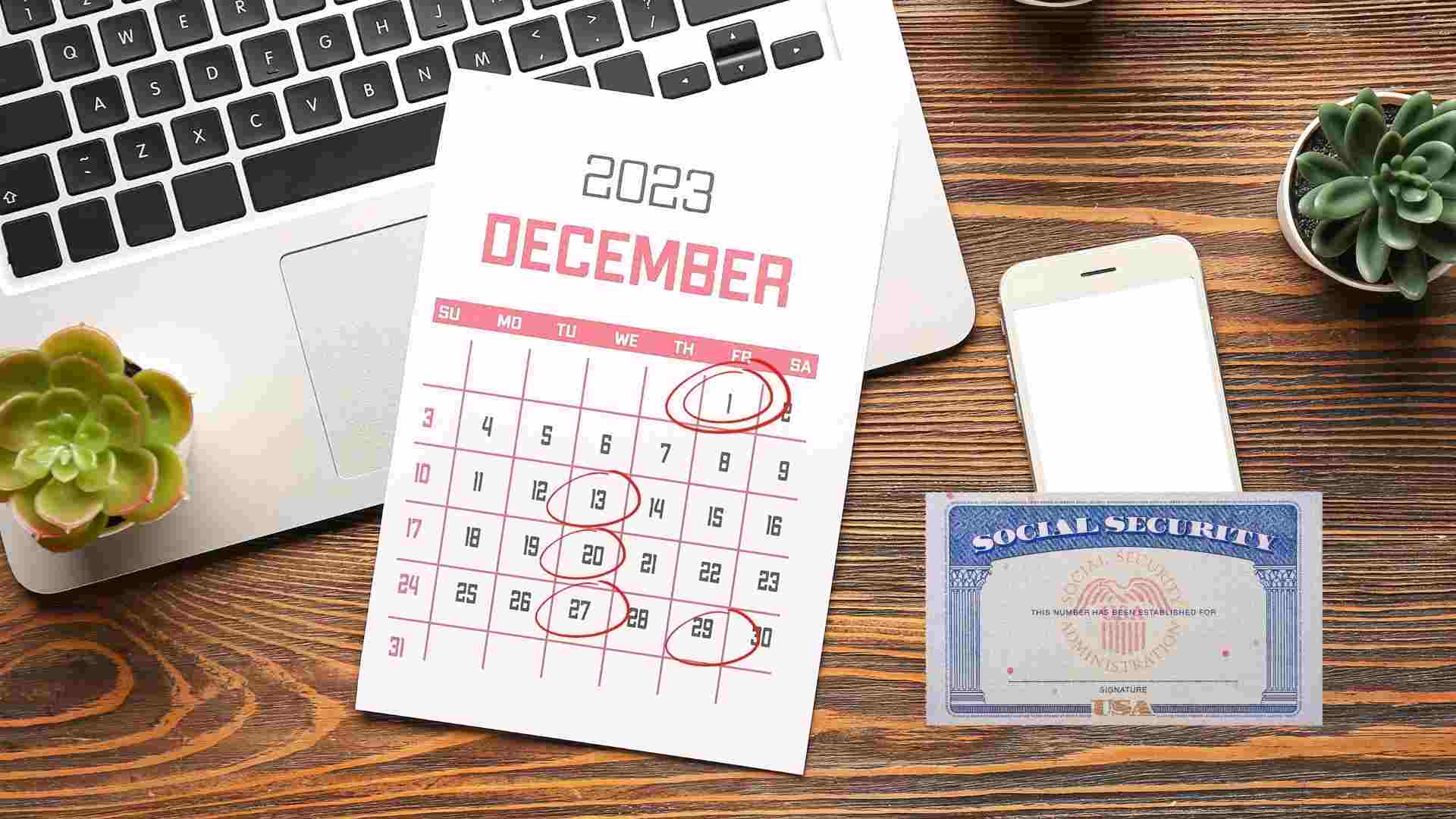 SSA card, calendar and laptop for Social Security, SSA payments in December and unexpected benefits and paydays