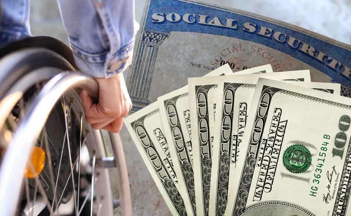 Person with a disability on a wheelchair, SSa card and dollars for Social Security and appealing a decision for SSDI disability benefits