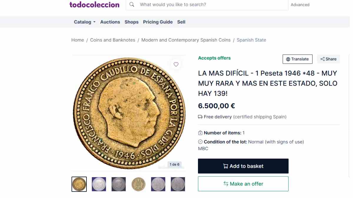 Spanish peseta coin at Todocoleccion