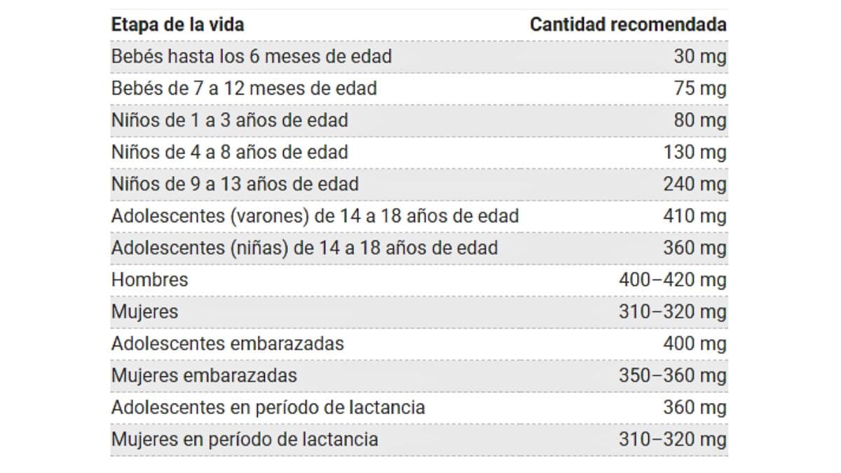 Tabla cantidad magnesio a diario